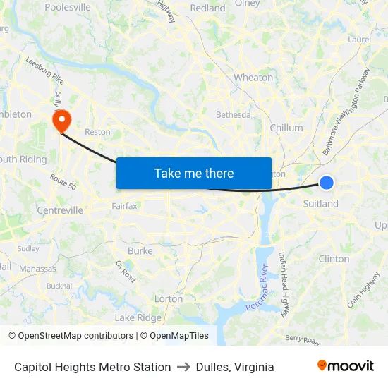 Capitol Heights Metro Station to Dulles, Virginia map