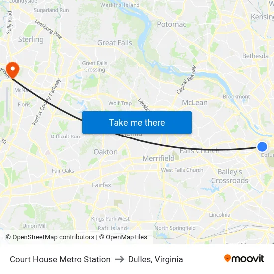 Court House Metro Station to Dulles, Virginia map