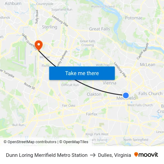 Dunn Loring Merrifield Metro Station to Dulles, Virginia map