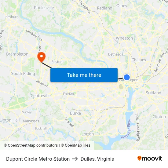 Dupont Circle Metro Station to Dulles, Virginia map