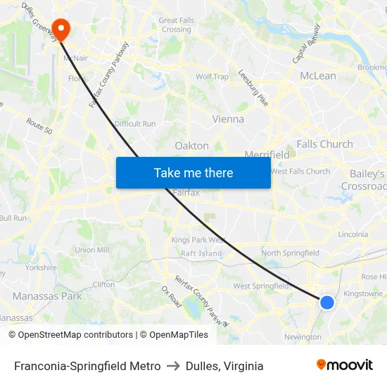 Franconia-Springfield Metro to Dulles, Virginia map