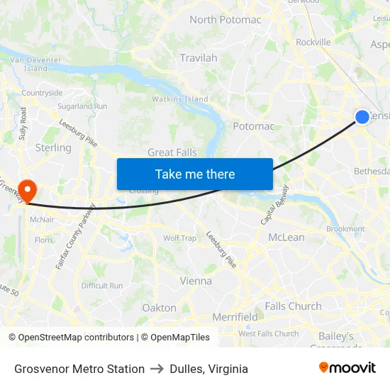 Grosvenor Metro Station to Dulles, Virginia map