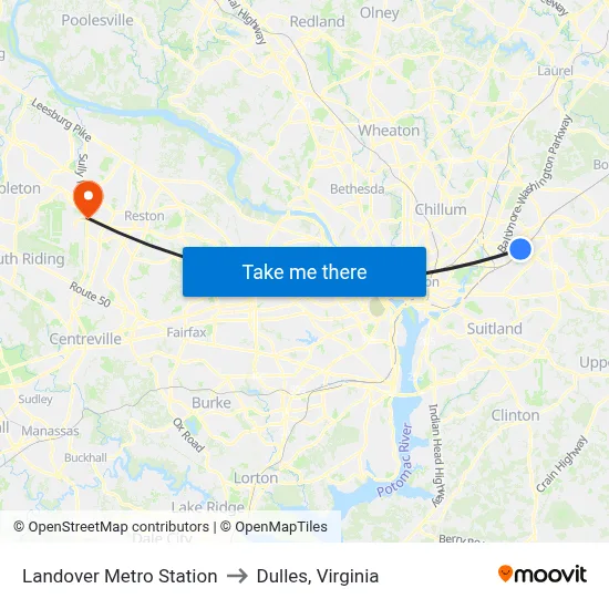 Landover Metro Station to Dulles, Virginia map