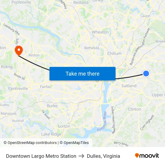 Downtown Largo Metro Station to Dulles, Virginia map