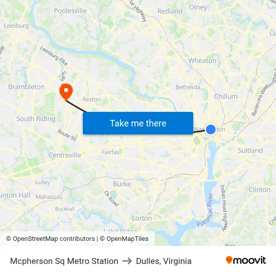 Mcpherson Sq Metro Station to Dulles, Virginia map