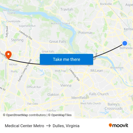 Medical Center Metro to Dulles, Virginia map