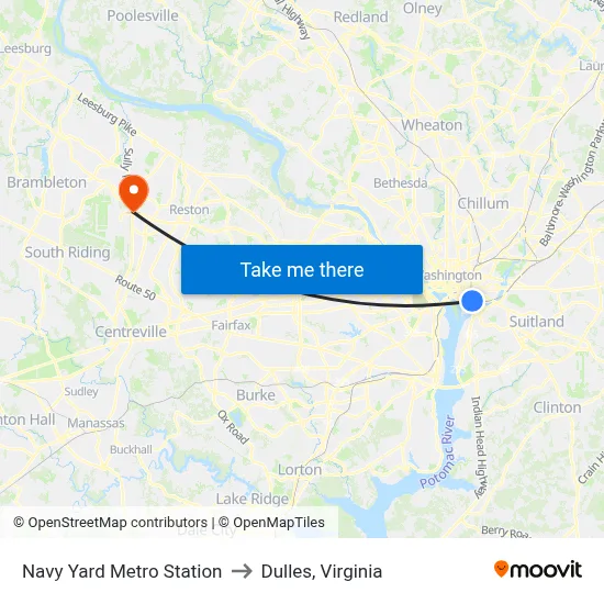 Navy Yard Metro Station to Dulles, Virginia map