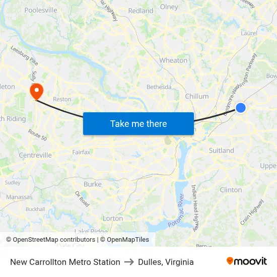 New Carrollton Metro Station to Dulles, Virginia map