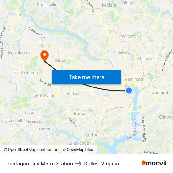 Pentagon City Metro Station to Dulles, Virginia map