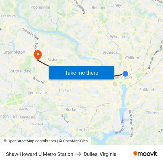 Shaw-Howard U Metro Station to Dulles, Virginia map