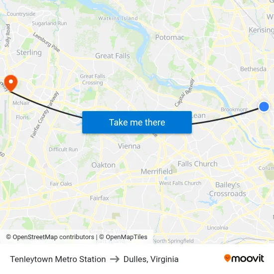 Tenleytown Metro Station to Dulles, Virginia map