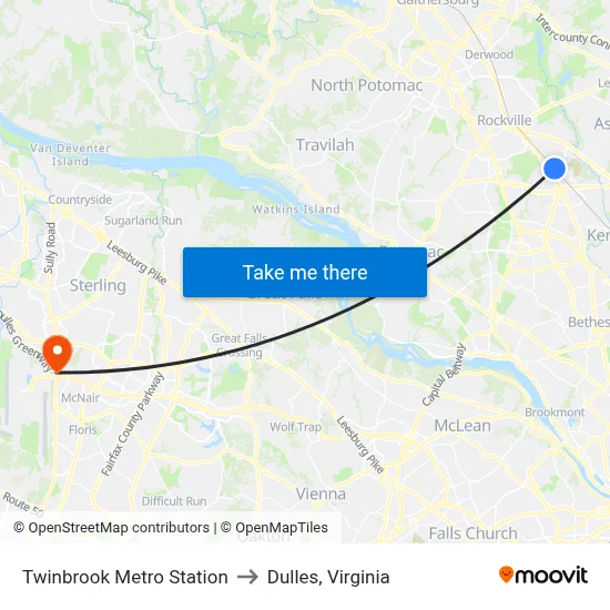 Twinbrook Metro Station to Dulles, Virginia map