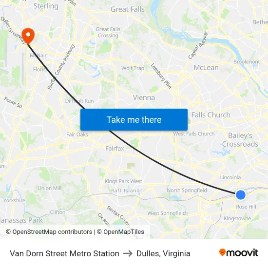 Van Dorn Street Metro Station to Dulles, Virginia map