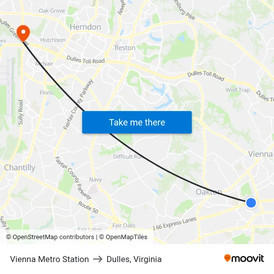 Vienna Metro Station to Dulles, Virginia map