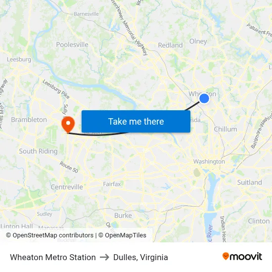 Wheaton Metro Station to Dulles, Virginia map