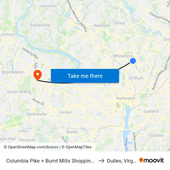 Columbia Pike + Burnt Mills Shopping Center to Dulles, Virginia map