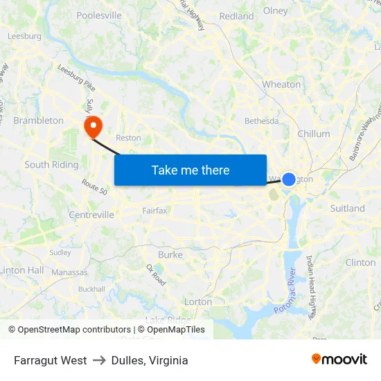 Farragut West to Dulles, Virginia map