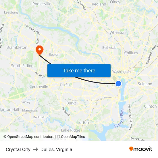 Crystal City to Dulles, Virginia map