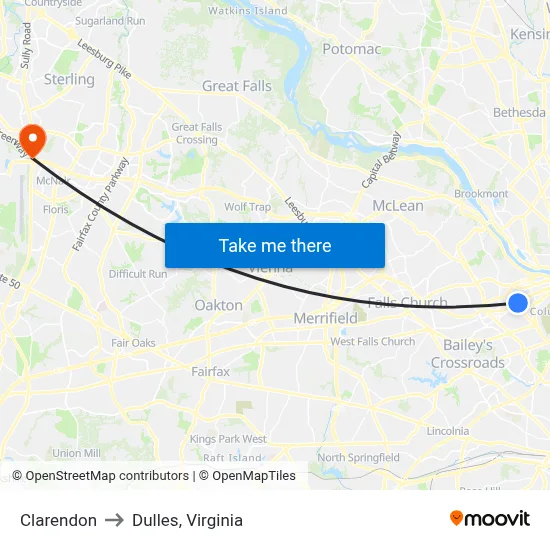 Clarendon to Dulles, Virginia map