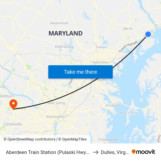 Aberdeen Train Station (Pulaski Hwy/Us 40) to Dulles, Virginia map