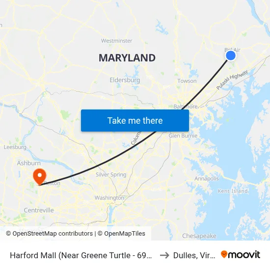 Harford Mall (Near Greene Turtle - 696 Bel Air Rd) to Dulles, Virginia map