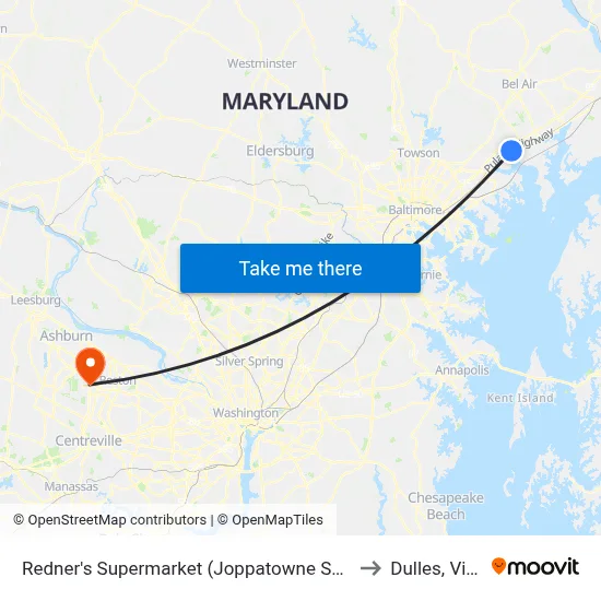 Redner's Supermarket (Joppatowne Shopping Plaza) to Dulles, Virginia map