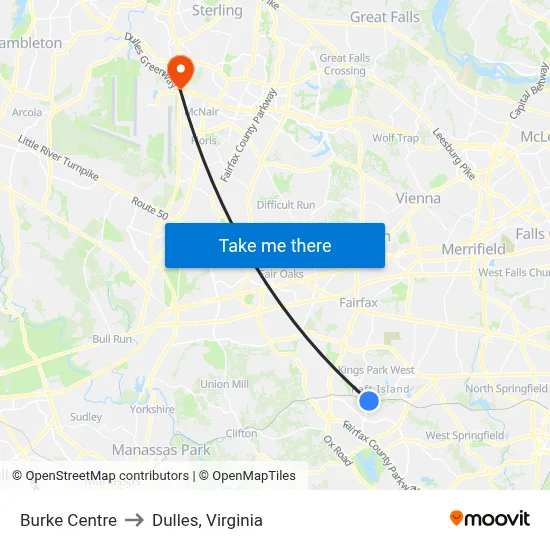 Burke Centre to Dulles, Virginia map