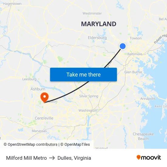 Milford Mill Metro to Dulles, Virginia map