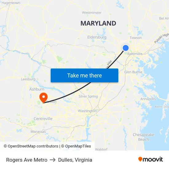 Rogers Ave Metro to Dulles, Virginia map