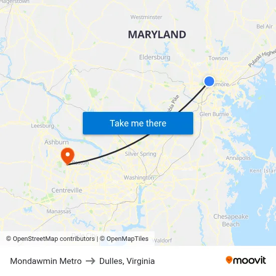 Mondawmin Metro to Dulles, Virginia map