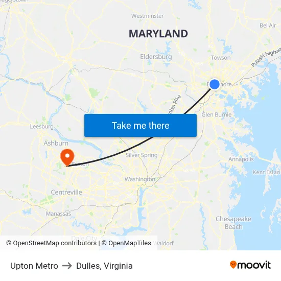 Upton Metro to Dulles, Virginia map