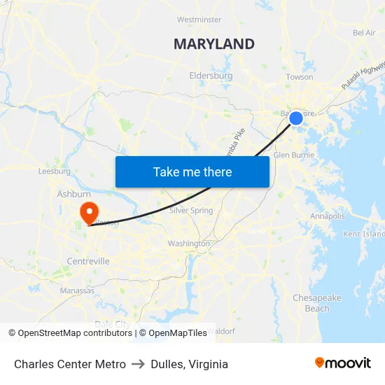 Charles Center Metro to Dulles, Virginia map