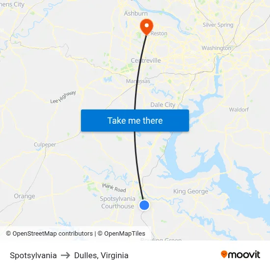 Spotsylvania to Dulles, Virginia map