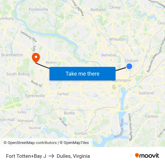 Fort Totten+Bay J to Dulles, Virginia map