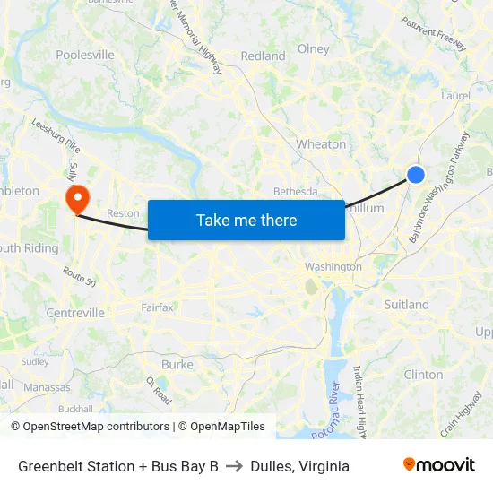 Greenbelt Station + Bus Bay B to Dulles, Virginia map