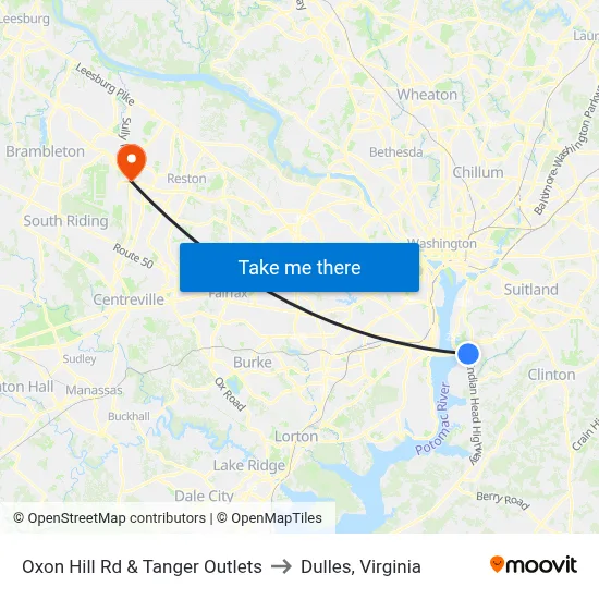 Oxon Hill Rd & Tanger Outlets to Dulles, Virginia map