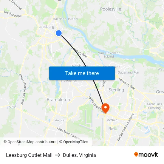 Leesburg Outlet Mall to Dulles, Virginia map