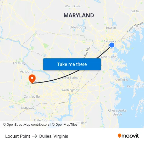 Locust Point to Dulles, Virginia map