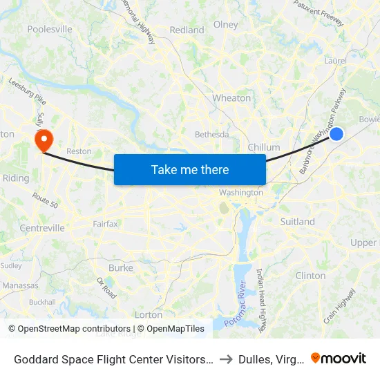 Goddard Space Flight Center Visitors Center to Dulles, Virginia map