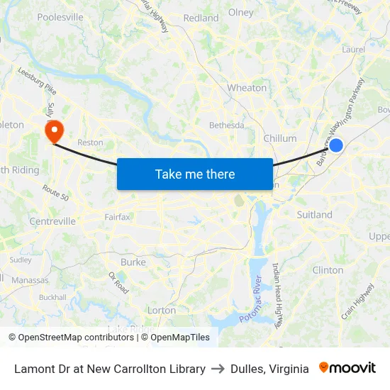 Lamont Dr at New Carrollton Library to Dulles, Virginia map