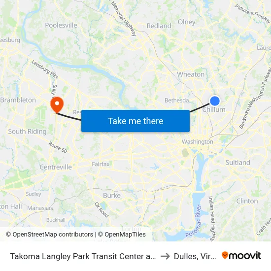 Takoma Langley Park Transit Center at Bus Bay B to Dulles, Virginia map