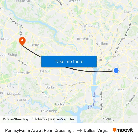 Pennsylvania Ave at Penn Crossing Dr to Dulles, Virginia map