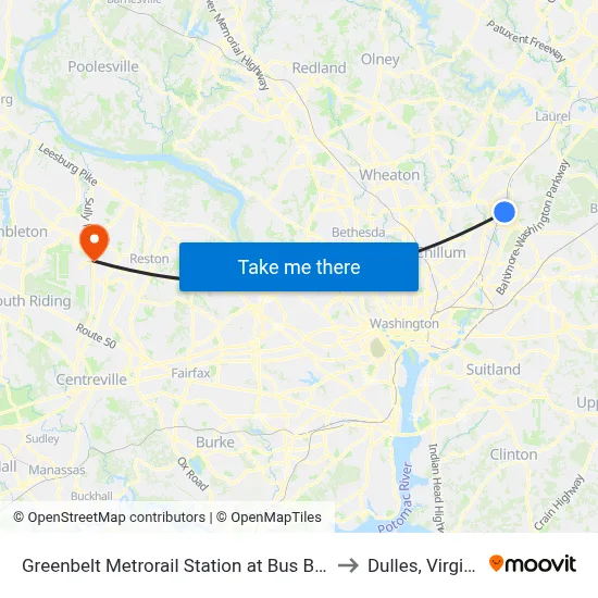 Greenbelt Metrorail Station at Bus Bay A to Dulles, Virginia map