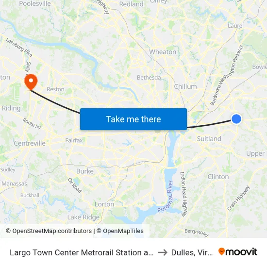 Largo Town Center Metrorail Station at Bus Bay E to Dulles, Virginia map