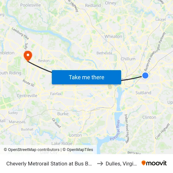 Cheverly Metrorail Station at Bus Bay D to Dulles, Virginia map