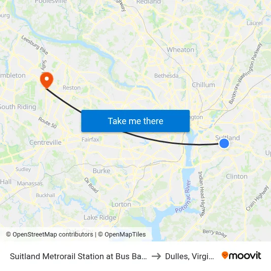 Suitland Metrorail Station at Bus Bay D to Dulles, Virginia map