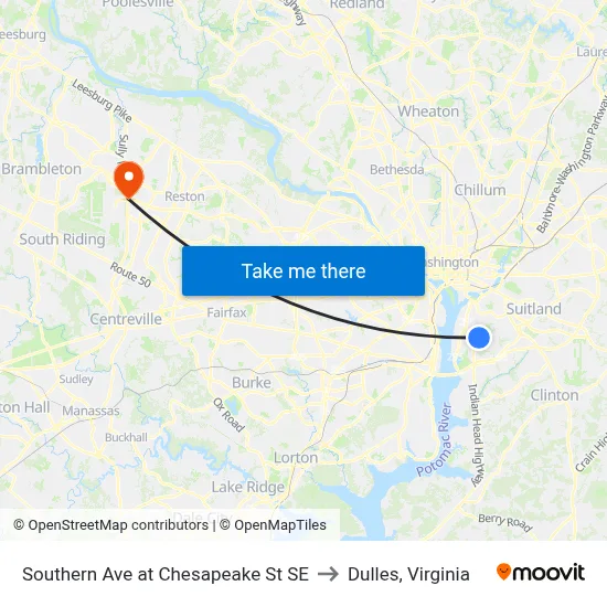 Southern Ave at Chesapeake St SE to Dulles, Virginia map