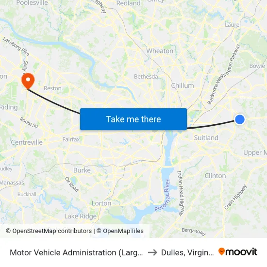 Motor Vehicle Administration (Largo) to Dulles, Virginia map