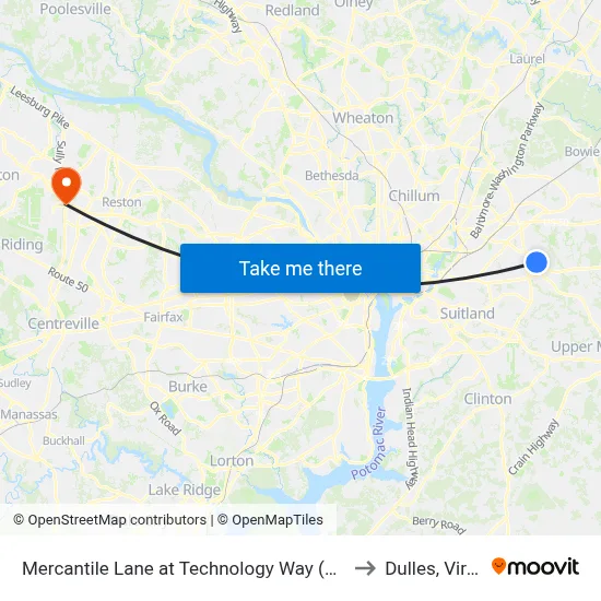 Mercantile Lane at Technology Way (Kaiser Side) to Dulles, Virginia map