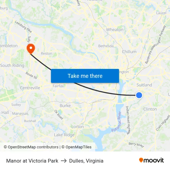 Manor at Victoria Park to Dulles, Virginia map